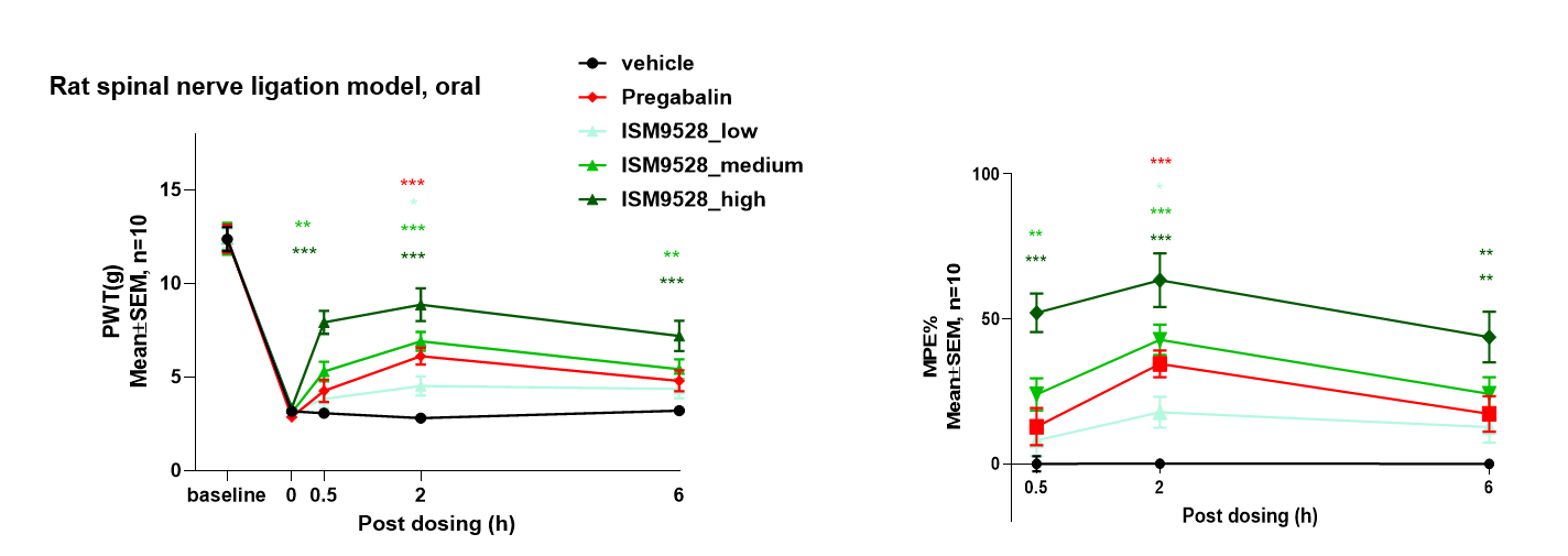 Rat spinal nerve ligation data for oral ISM9528 compared with vehicle and pregabalin